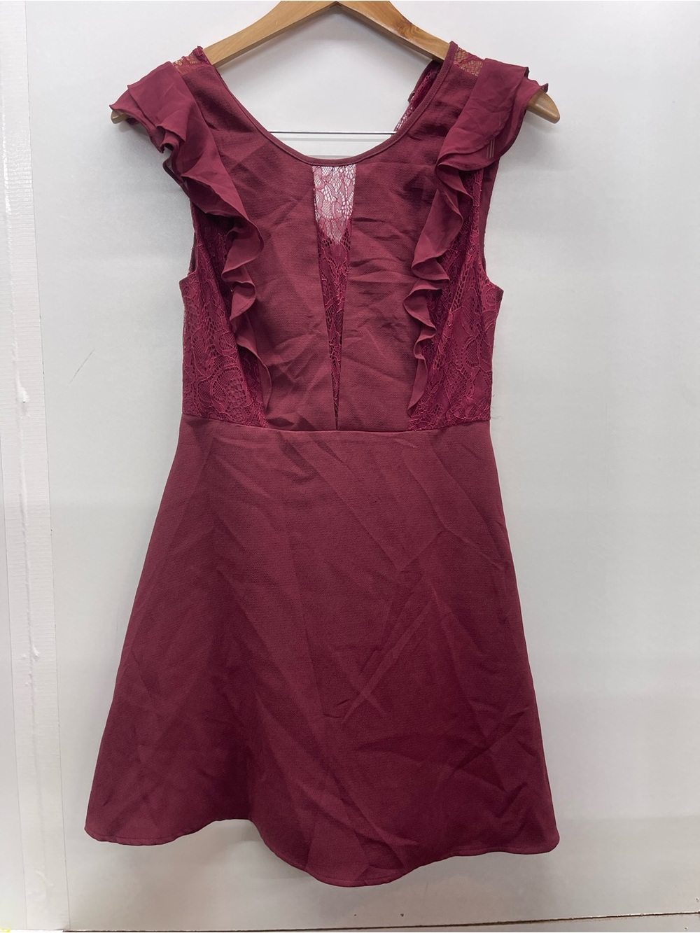 BCBGeneration Ruffle Lace Fit-and-Flare Mini Dress in Burgundy